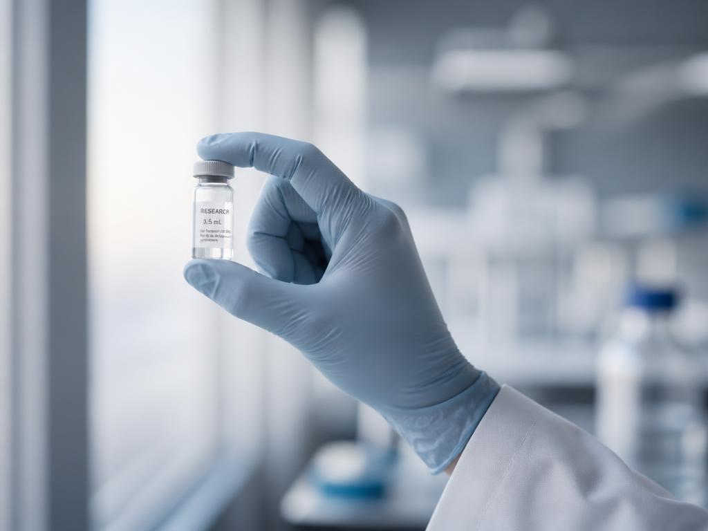 Gloved hand holding a research vial up to the light for inspection