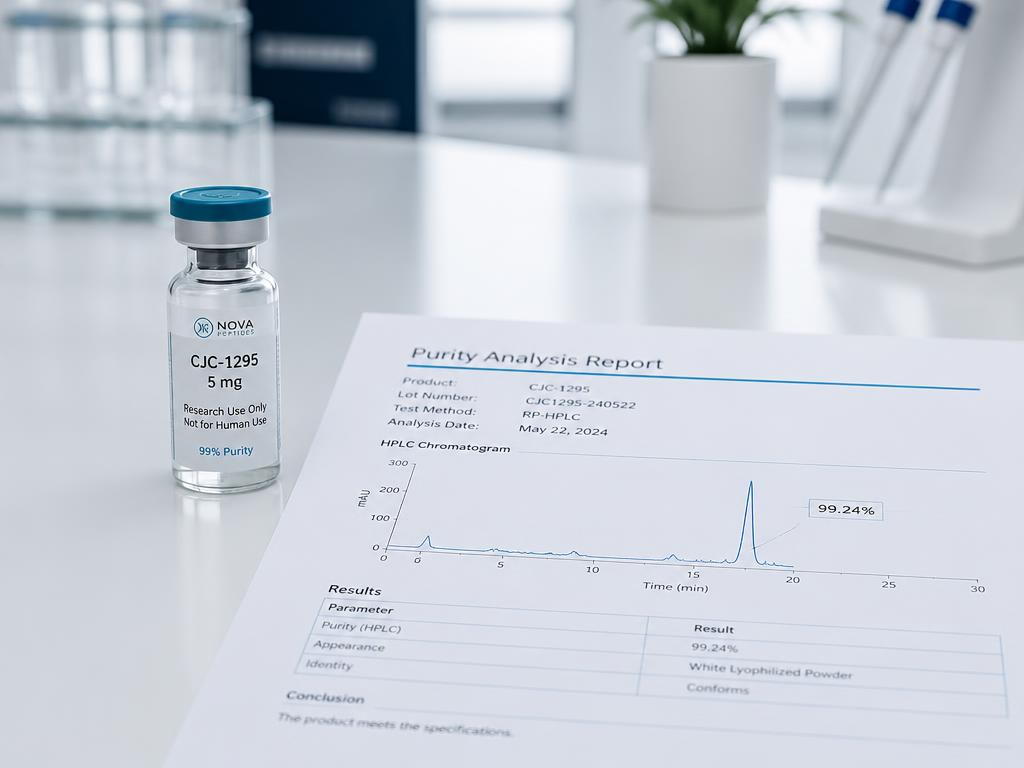 Research vial resting beside its printed purity report